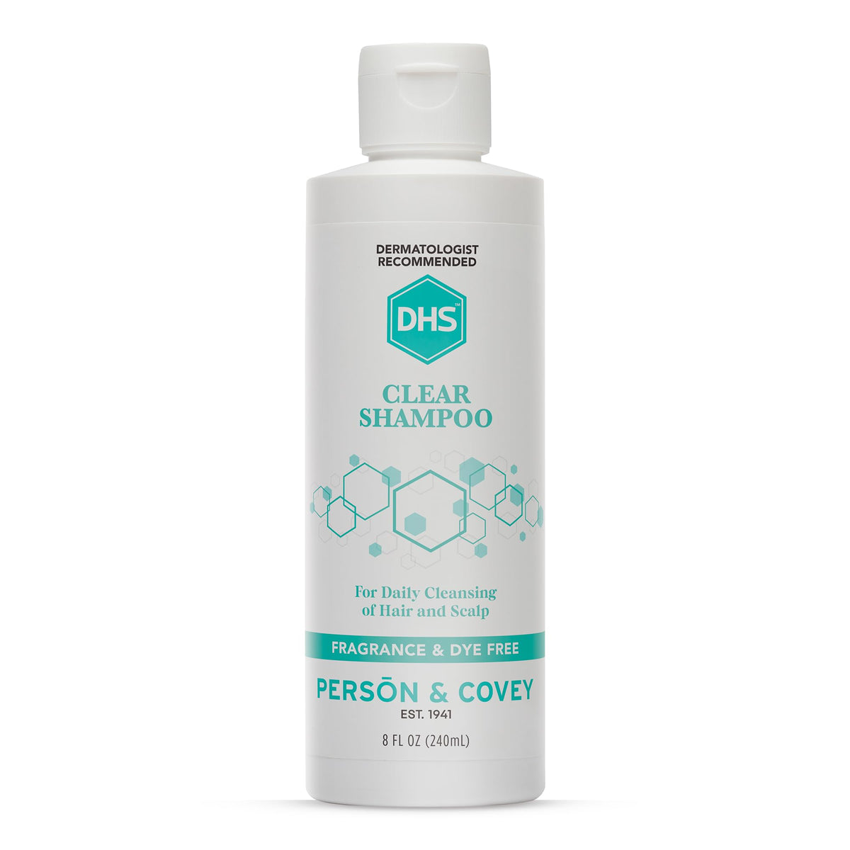 DHS clear shampoo bottle front view showing clean unscented packaging and gentle formula benefit