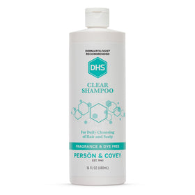 DHS clear shampoo front bottle showing clean unscented packaging and benefit gentle cleanse