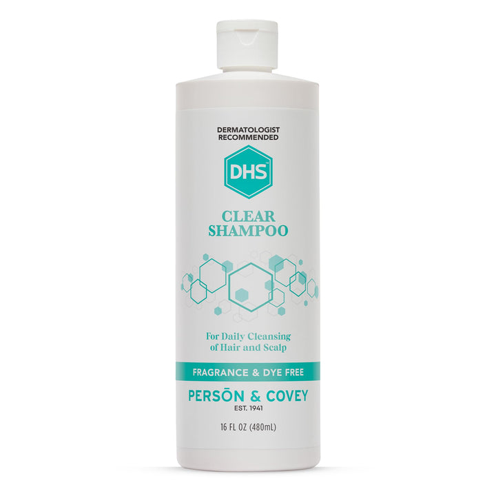 DHS clear shampoo front bottle showing clean unscented packaging and benefit gentle cleanse