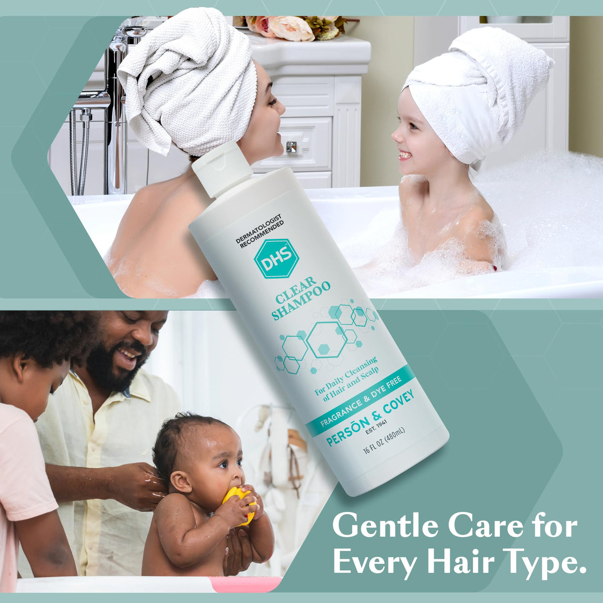 DHS clear shampoo in shower setting on shelf illustrating daily use and benefit easy rinse