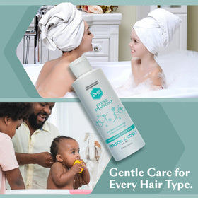 DHS clear shampoo label close-up showing ingredient clarity and irritant-free formulation benefit