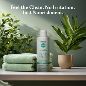 DHS clear shampoo in a bathroom lifestyle scene showing calm routine and sensitive-skin suitability benefit