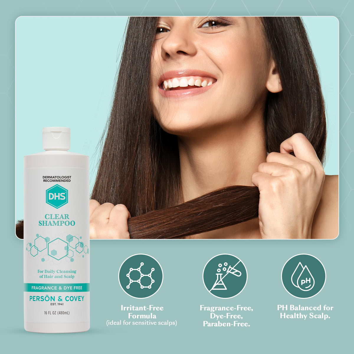 DHS clear shampoo on bathroom shelf lifestyle photo showing routine and benefit fragrance-free