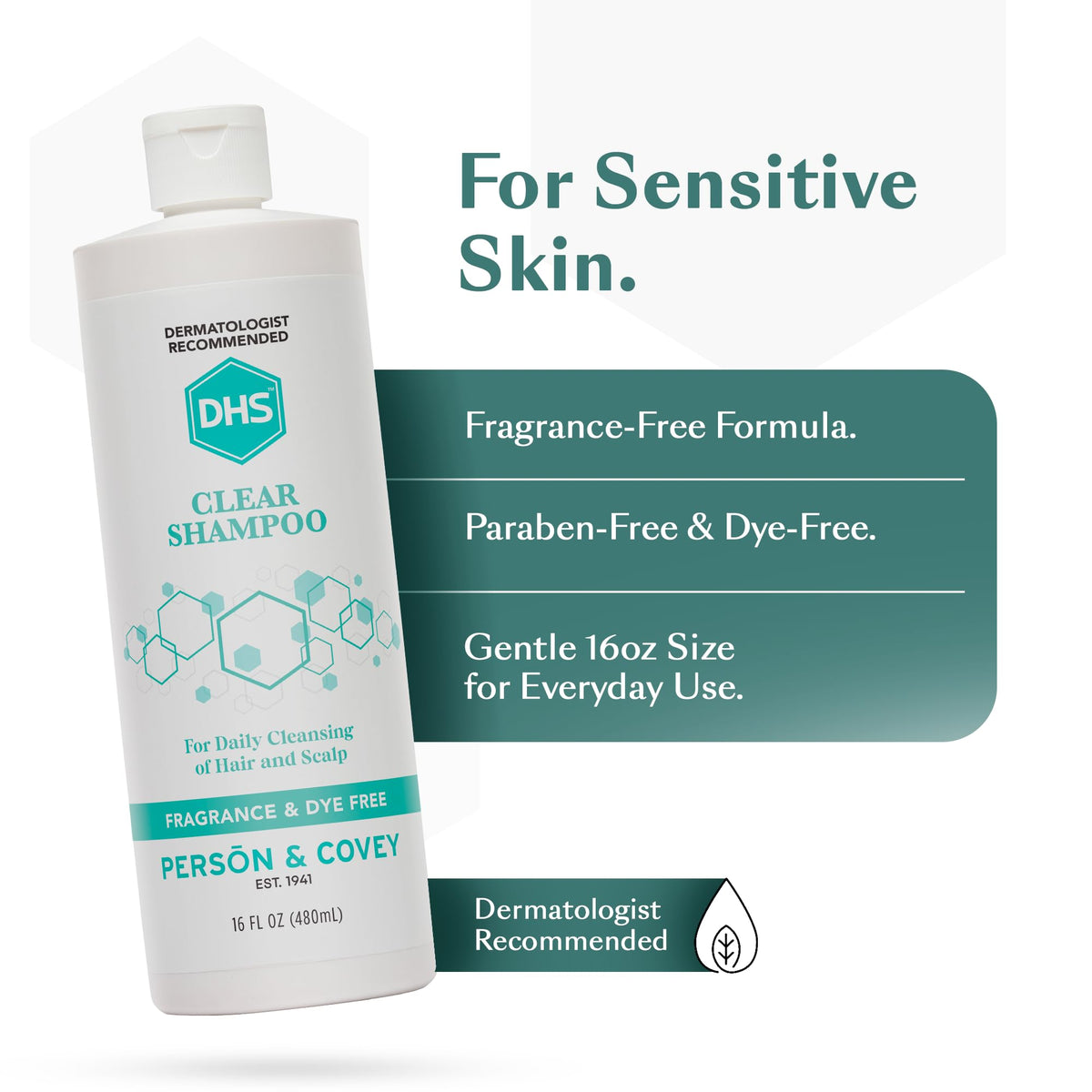 DHS clear shampoo pouring texture to show lightweight formula and benefit non-irritating