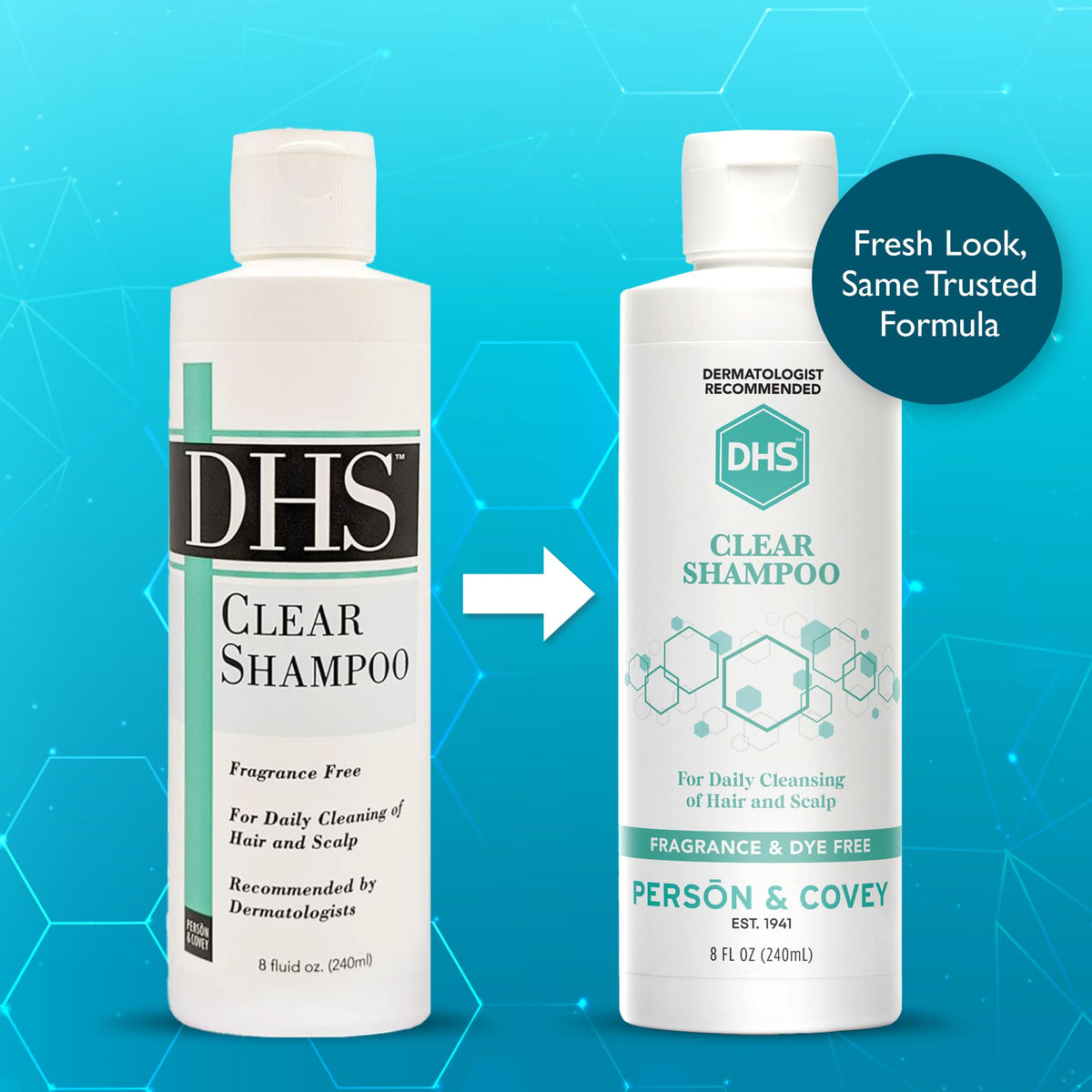 DHS clear shampoo cap and dispenser detail highlighting easy use and spill-free storage benefit