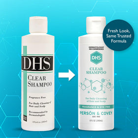 DHS clear shampoo cap and dispenser detail highlighting easy use and spill-free storage benefit