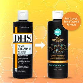 DHS coal tar shampoo label close-up highlighting unscented, dye-free benefits for sensitive scalps
