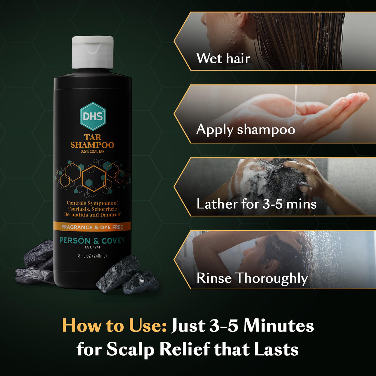 DHS coal tar shampoo in shower lifestyle photo showing practical use and daily routine support