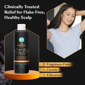 DHS coal tar shampoo pump closeup showing creamy texture for easier scalp application