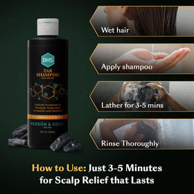 DHS coal tar shampoo held in hand to show 8 fl oz scale and travel-friendly size