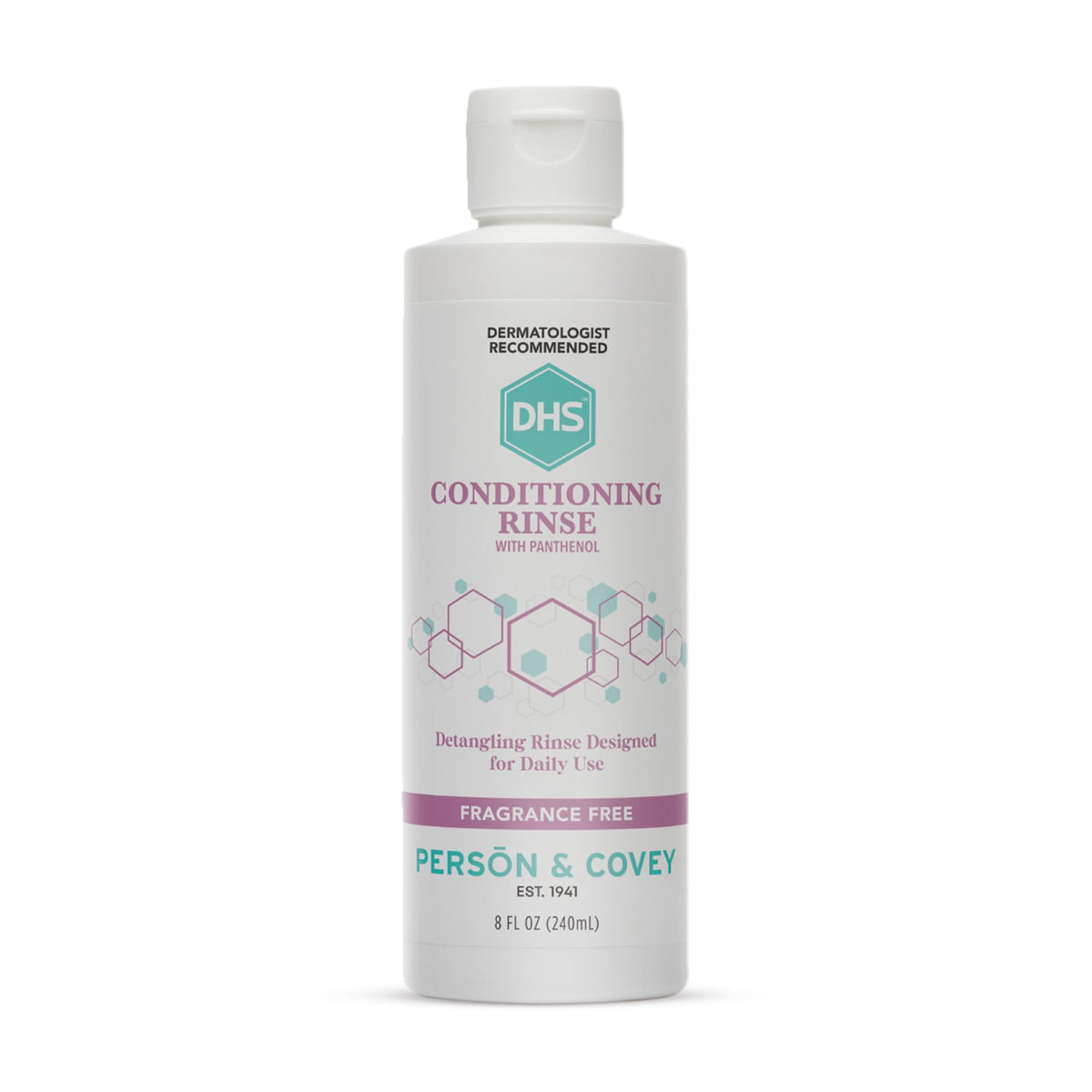 DHS bottle front view showing label and compact 8 oz size for travel-friendly conditioning