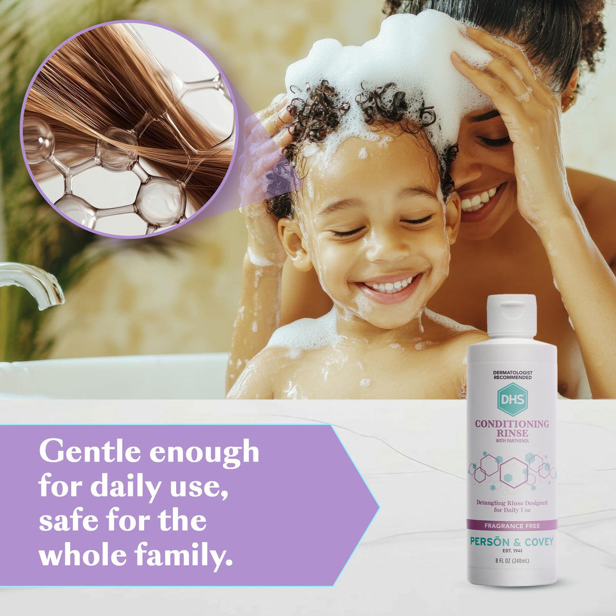 DHS conditioner applied in shower showing detangling benefit while rinsing clean