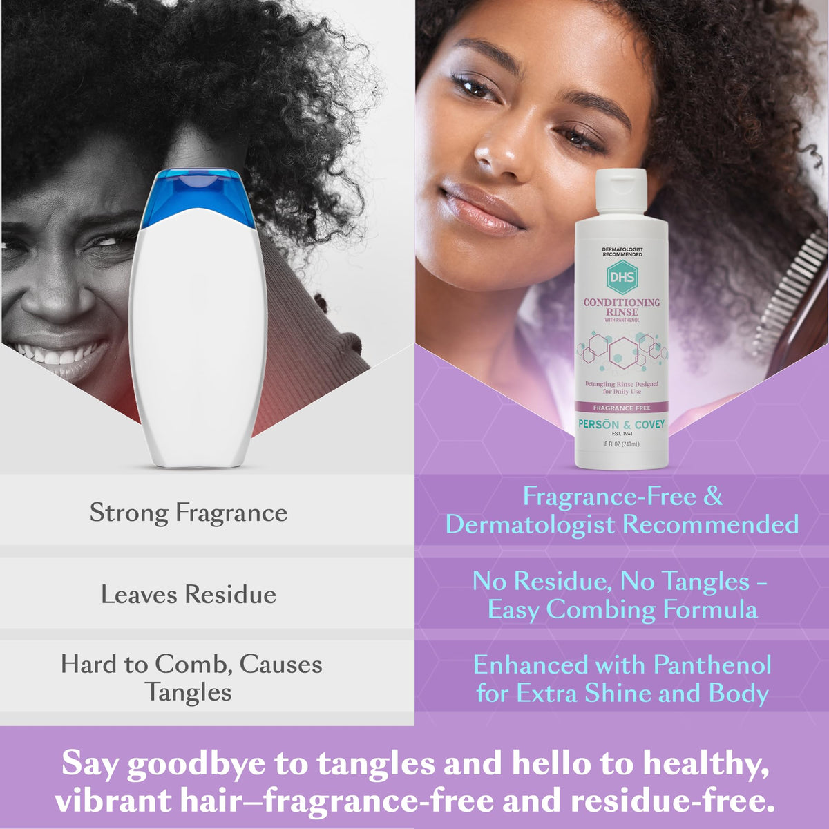 DHS conditioner creamy pour texture demonstrating lightweight, easy-rinse formula