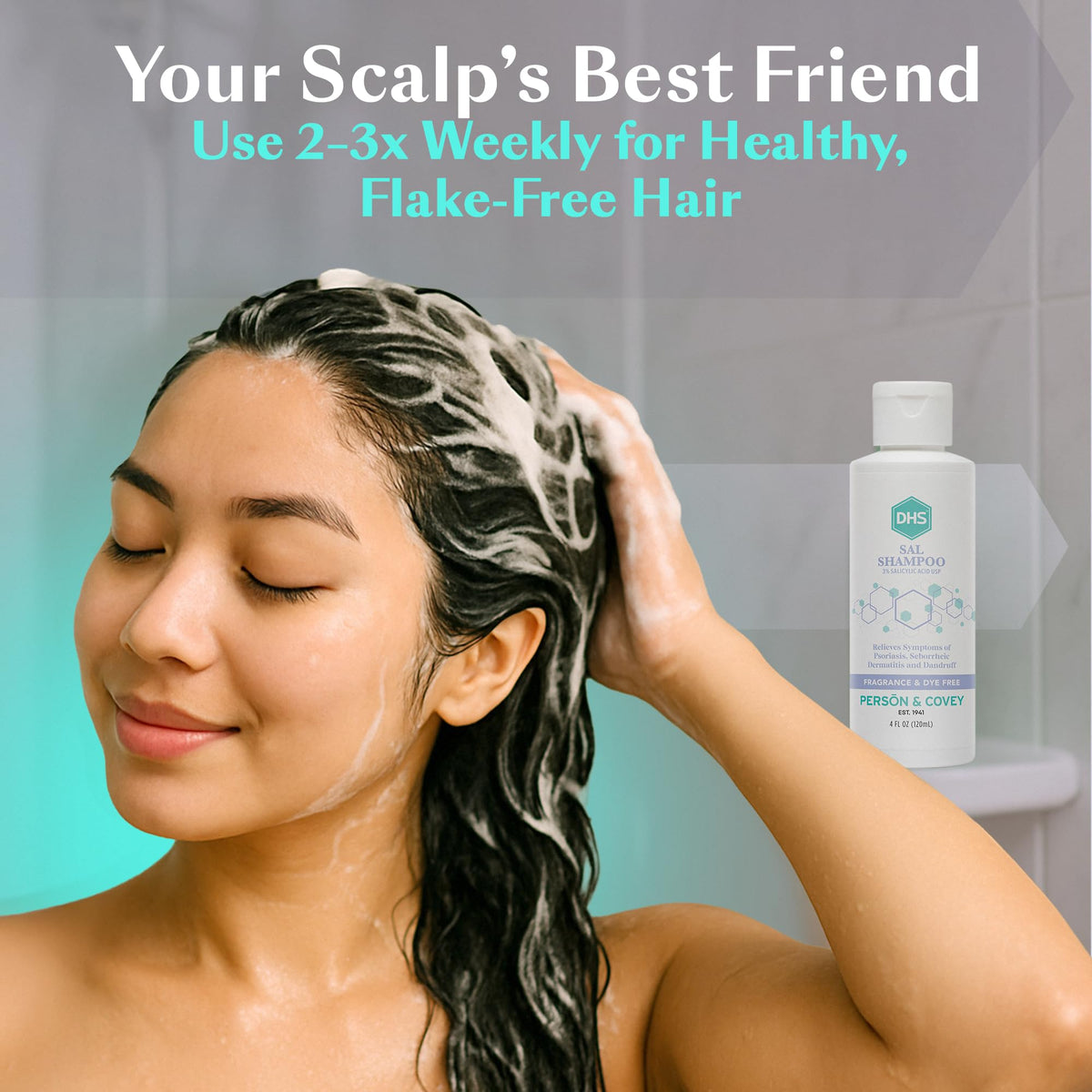 DHS SAL Shampoo 4oz bottle in hand demonstrating compact travel-friendly size