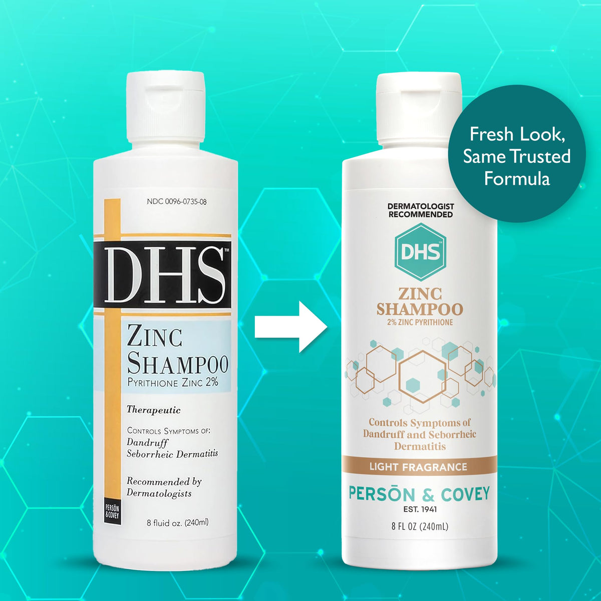 DHS zinc shampoo 8 oz bottle next to a ruler showing travel-friendly size