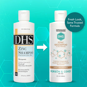 DHS zinc shampoo 8 oz bottle next to a ruler showing travel-friendly size