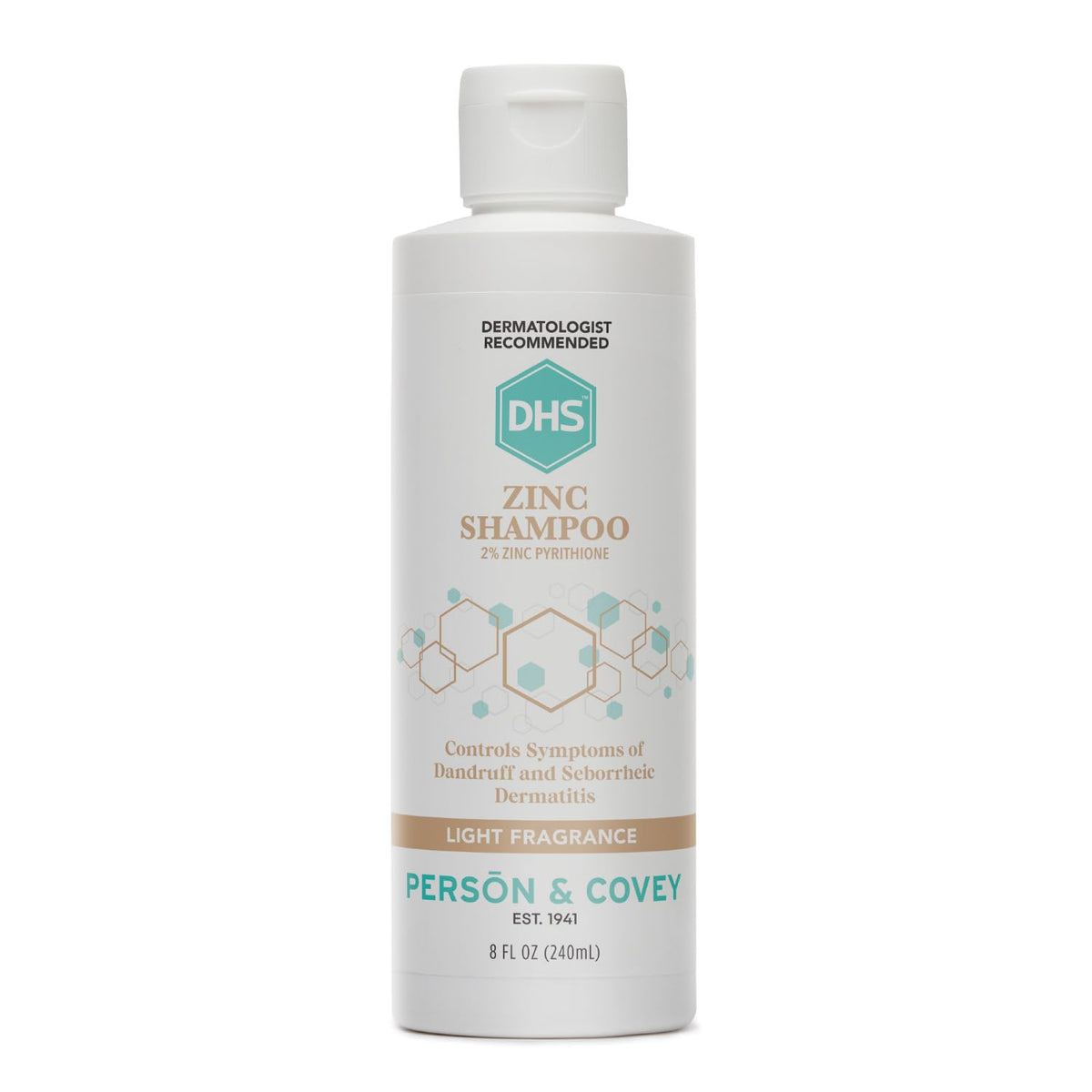 DHS zinc shampoo front label showing product name and 2% zinc pyrithione benefit