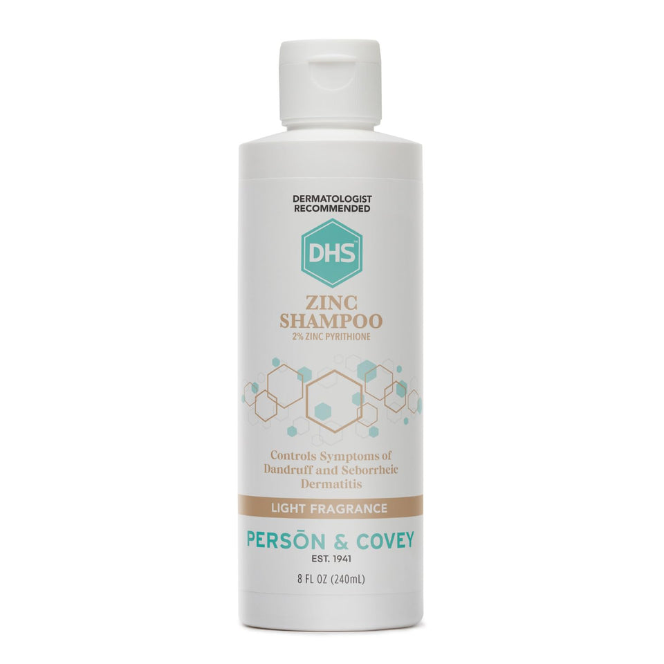 DHS zinc shampoo front label showing product name and 2% zinc pyrithione benefit