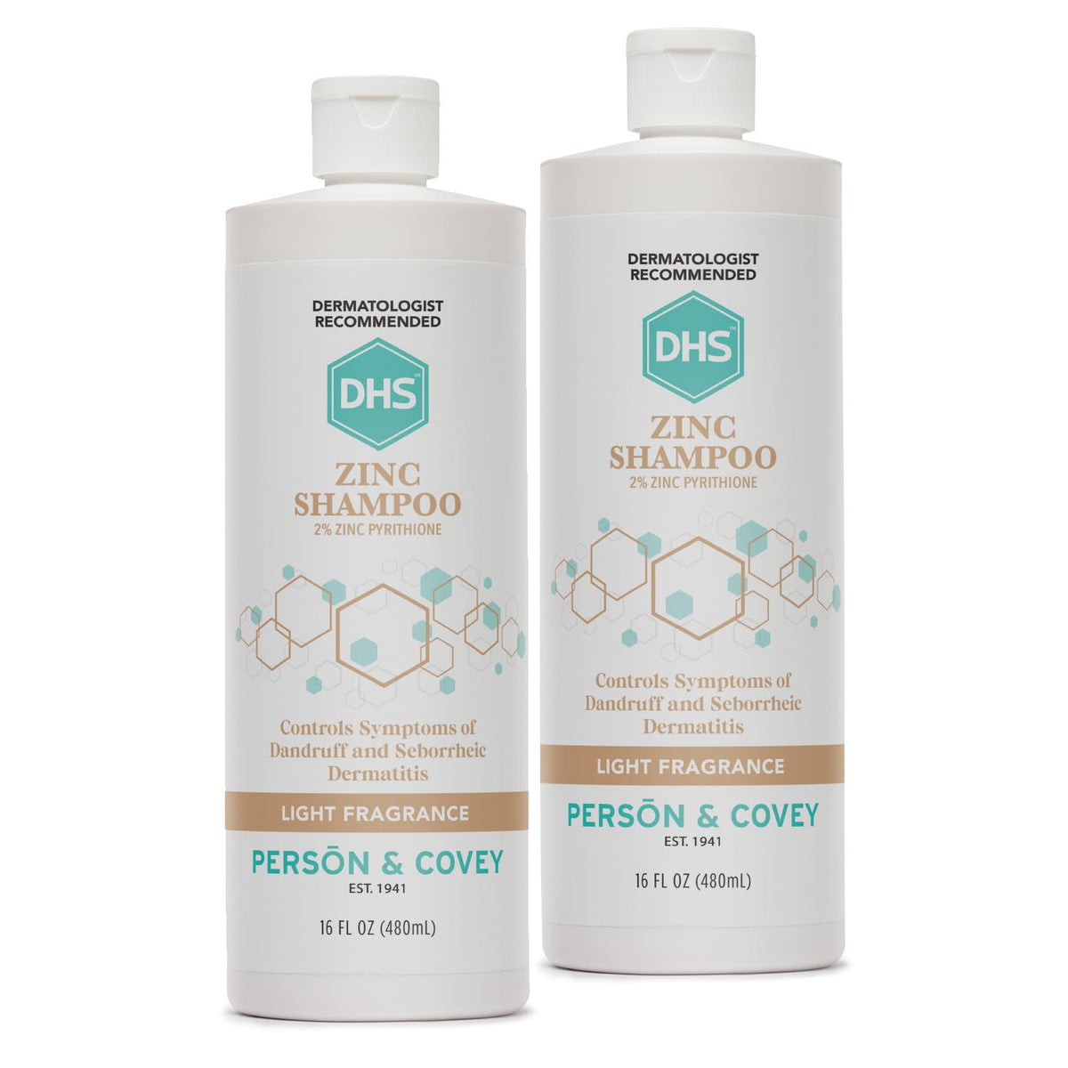 DHS zinc shampoo front packaging showing two 16 oz bottles and benefits