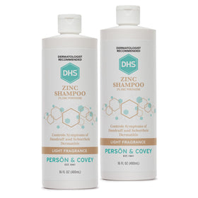 DHS zinc shampoo front packaging showing two 16 oz bottles and benefits