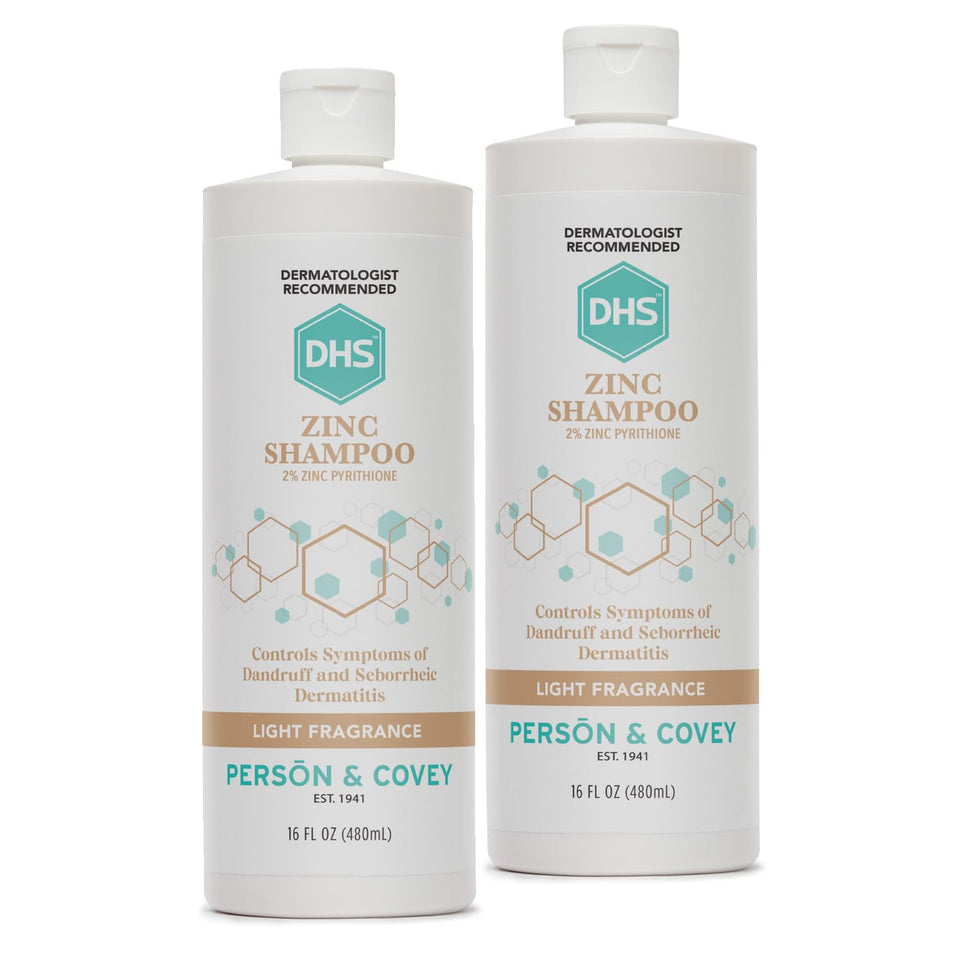 DHS zinc shampoo front packaging showing two 16 oz bottles and benefits