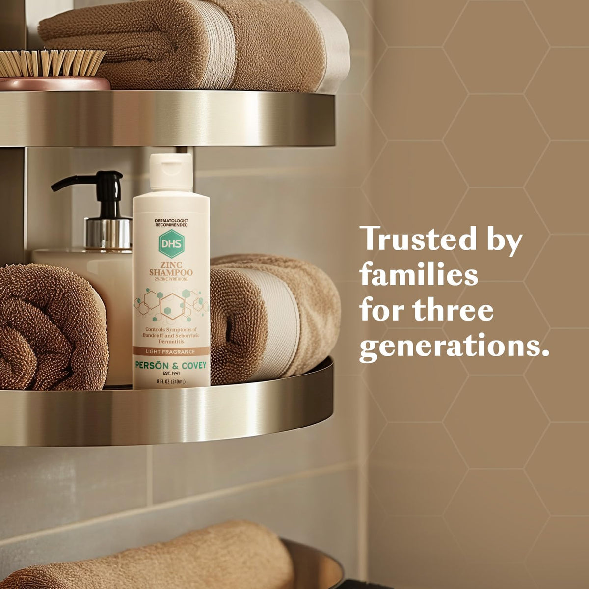DHS zinc shampoo on bathroom shelf styled for everyday routine convenience benefit