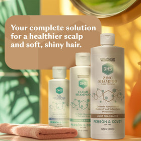 Person using DHS zinc shampoo on wet hair showing flaky scalp control benefit
