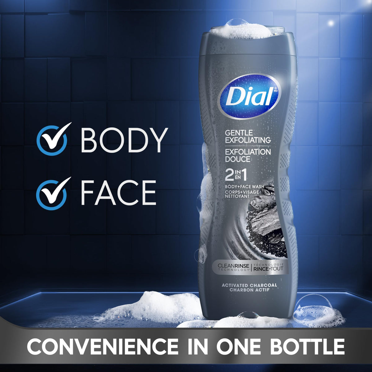 Dial activated charcoal texture close-up highlighting gentle exfoliation benefit