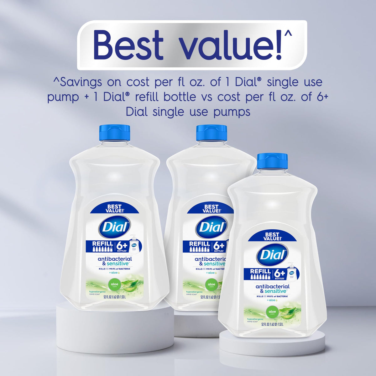 Dial aloe bottle label close-up showing product details and reassurance
