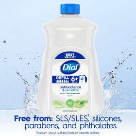 Dial aloe 52 fl oz next to 7.5 fl oz dispenser for scale and savings