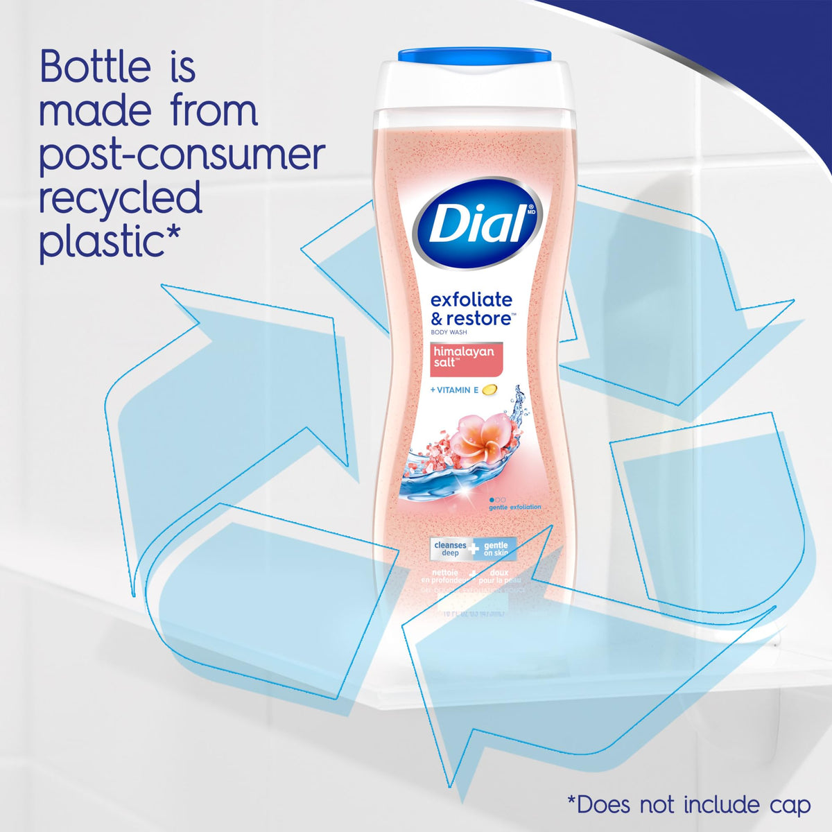Dial bottle staged in bathroom with towel to show lifestyle benefit and routine