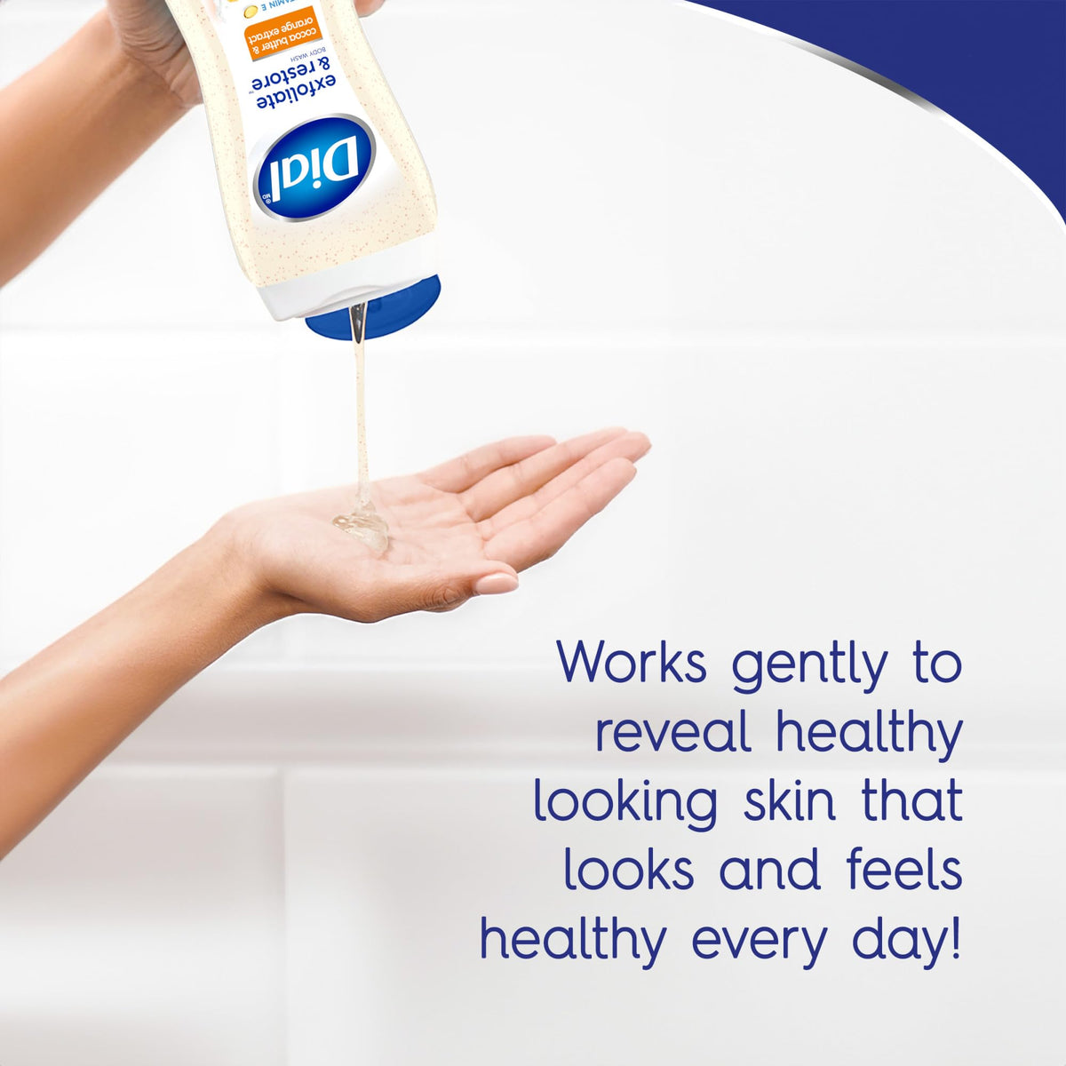 Person using Dial body wash in shower, showing gentle exfoliation and rinse