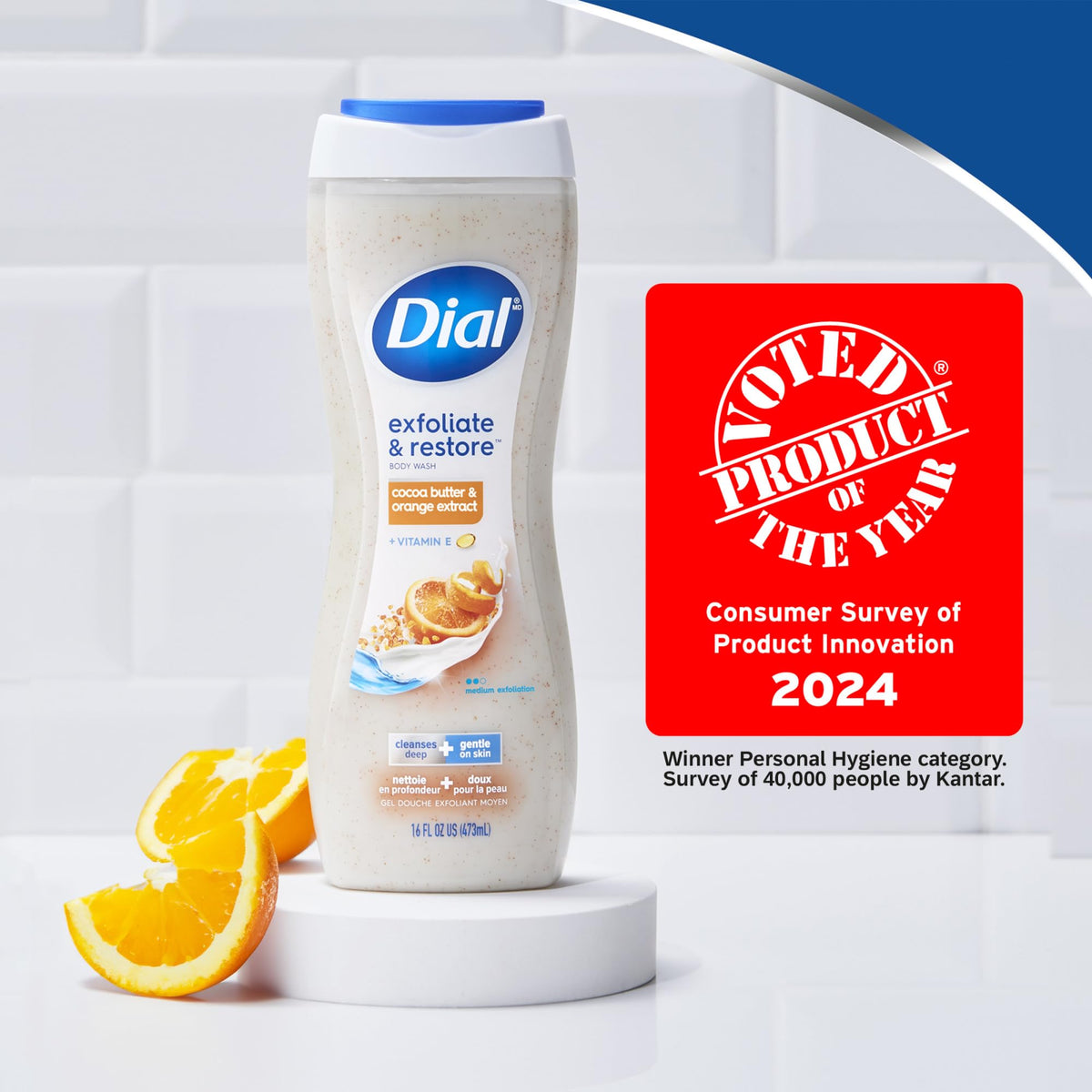 Dial pump dispensing body wash into hand, demonstrating easy controlled use