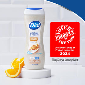Dial pump dispensing body wash into hand, demonstrating easy controlled use