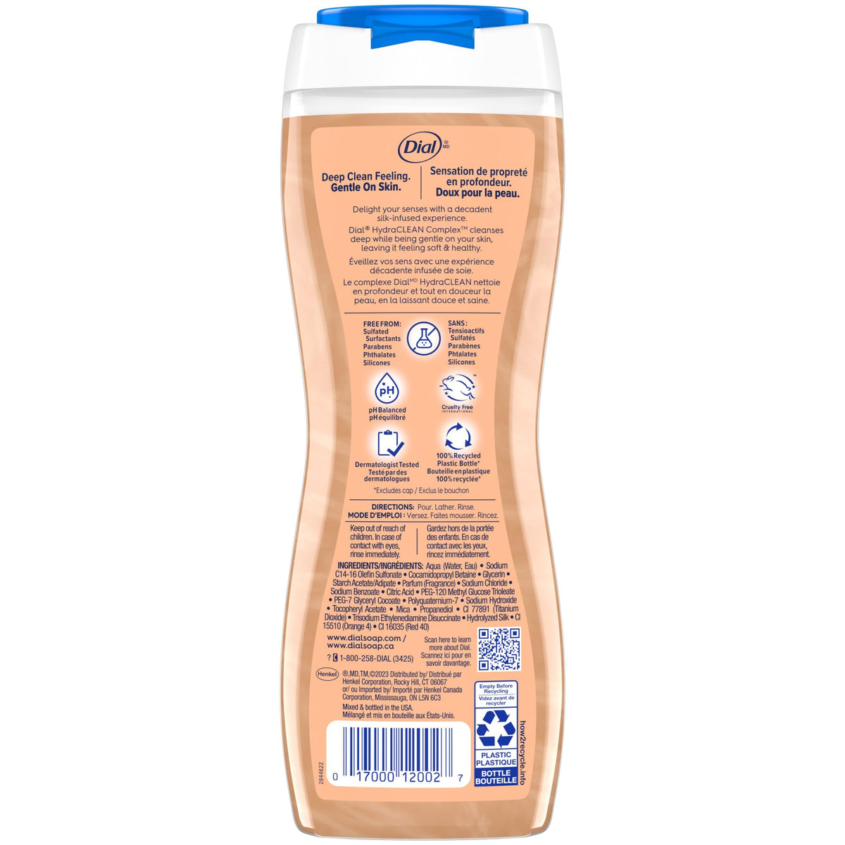 Dial bottle placed on shower shelf demonstrating in-shower use