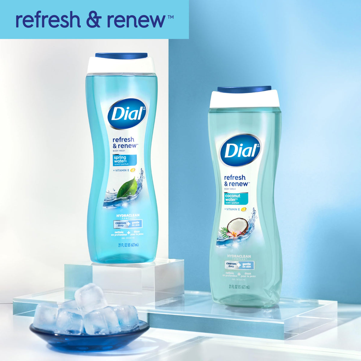 Dial bottle marked recycled plastic emphasizing sustainability benefit