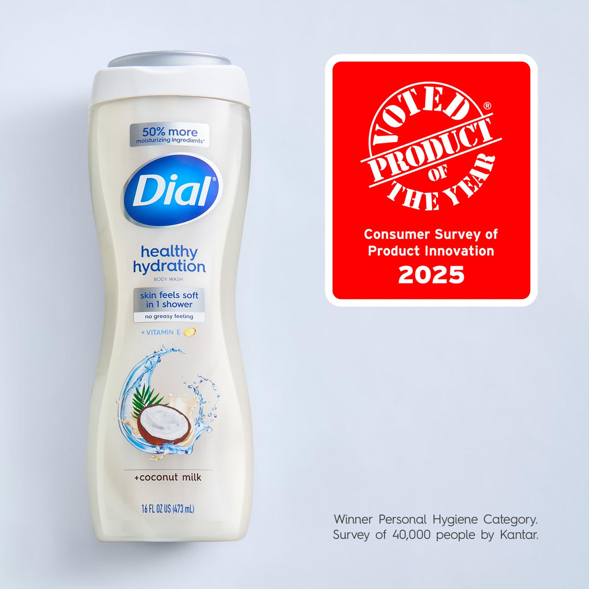 Dial bottle with recycled plastic mark promotes eco-friendly packaging benefit