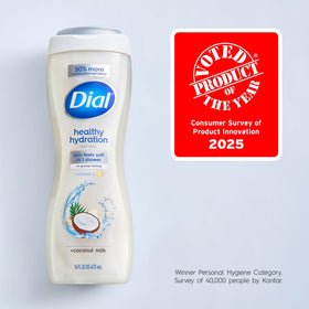 Dial bottle with recycled plastic mark promotes eco-friendly packaging benefit