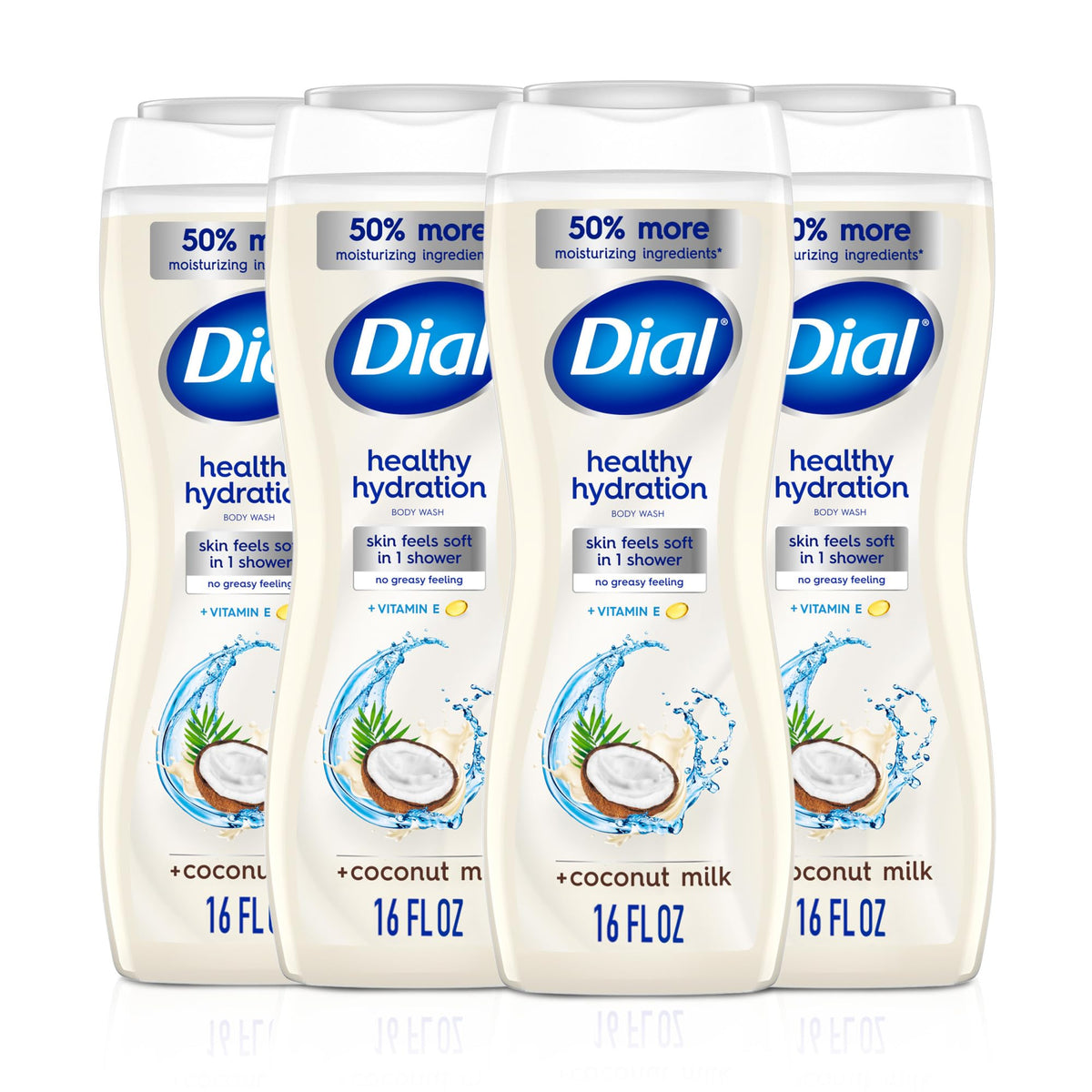 Dial coconut milk front packaging shows bottle and moisturizing benefit
