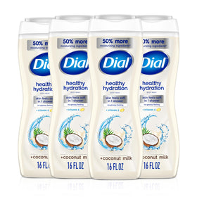 Dial coconut milk front packaging shows bottle and moisturizing benefit