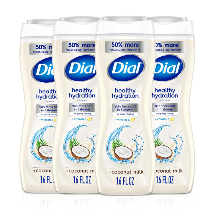 Dial coconut milk front packaging shows bottle and moisturizing benefit