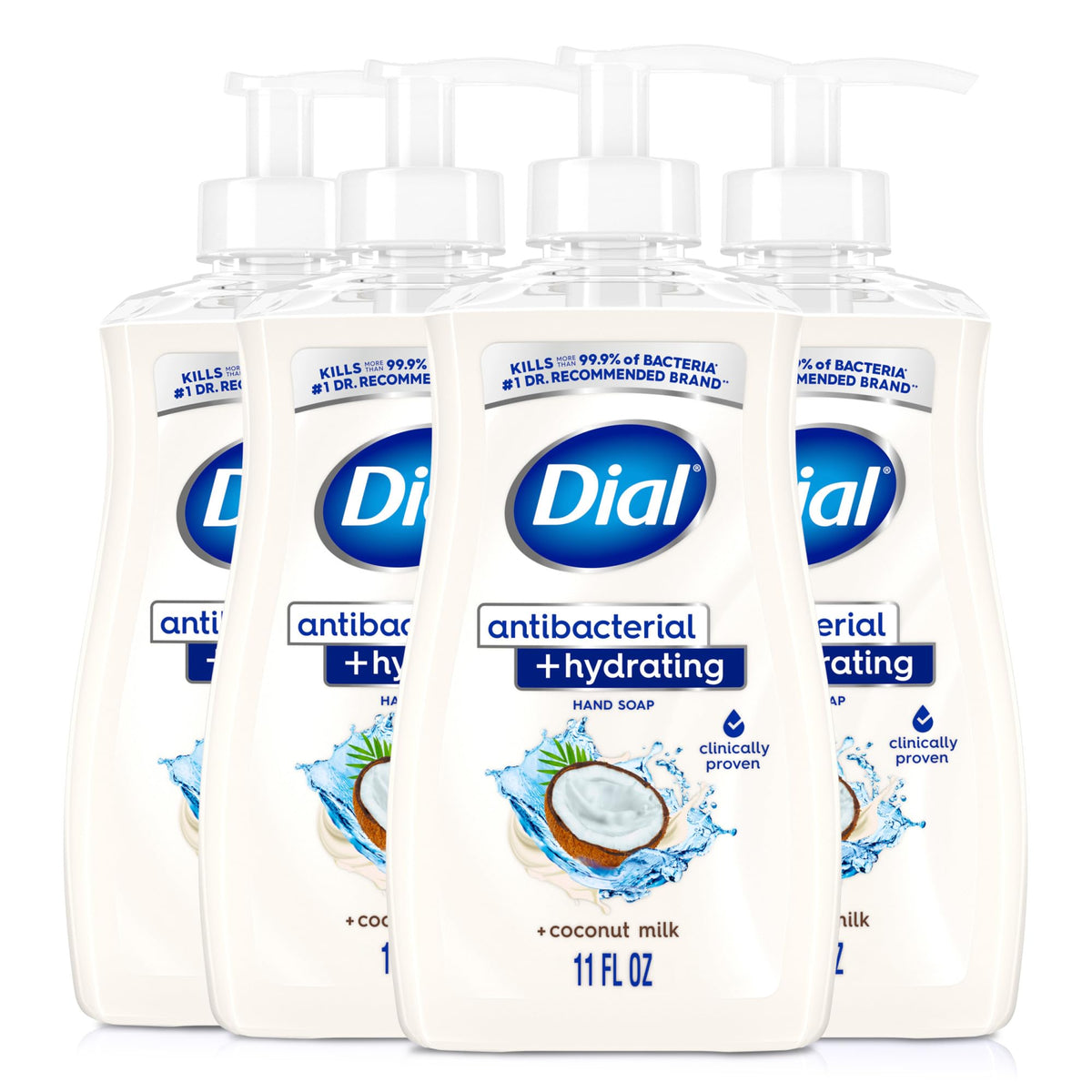 Dial front packaging showing 11 oz bottle and coconut milk scent for reliable cleansing