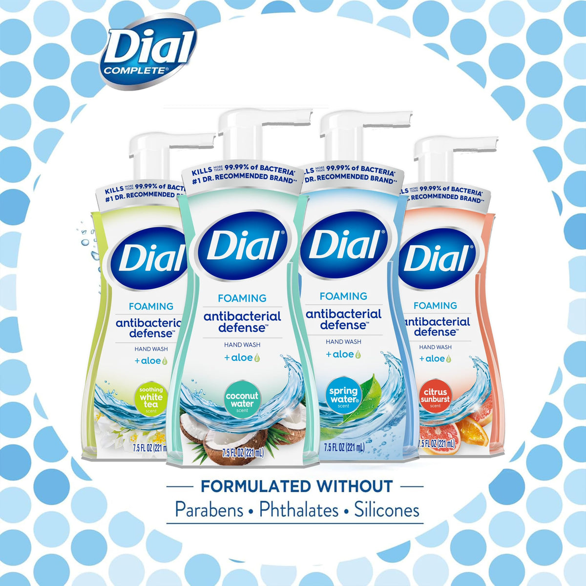 Dial Complete bottles on bathroom counter showing compact size and room placement