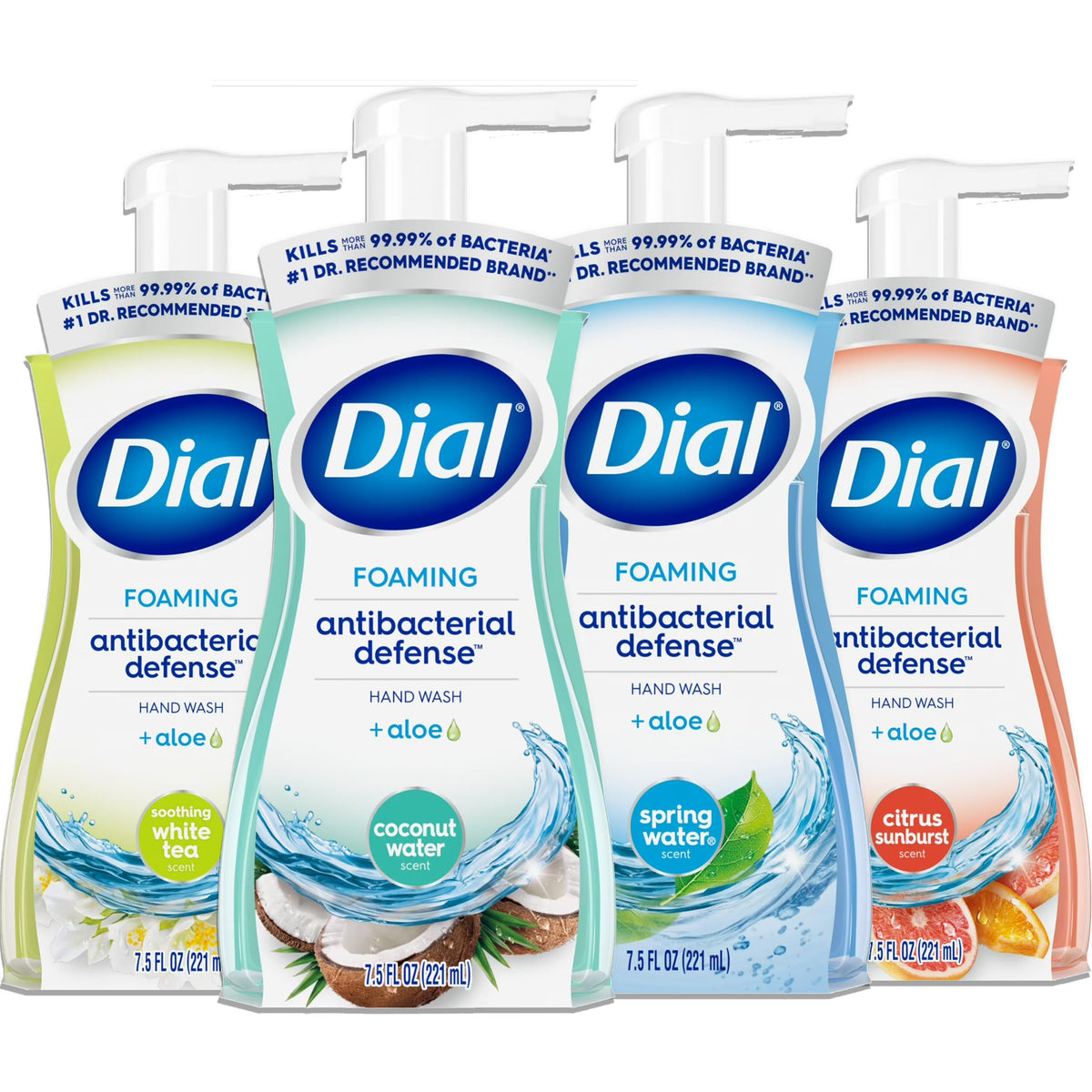 Dial Complete front packaging showing four assorted 7.5 oz bottles and variety benefits