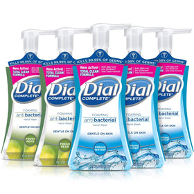 Dial Complete front pack showing five foaming soap bottles and clear labeling benefit