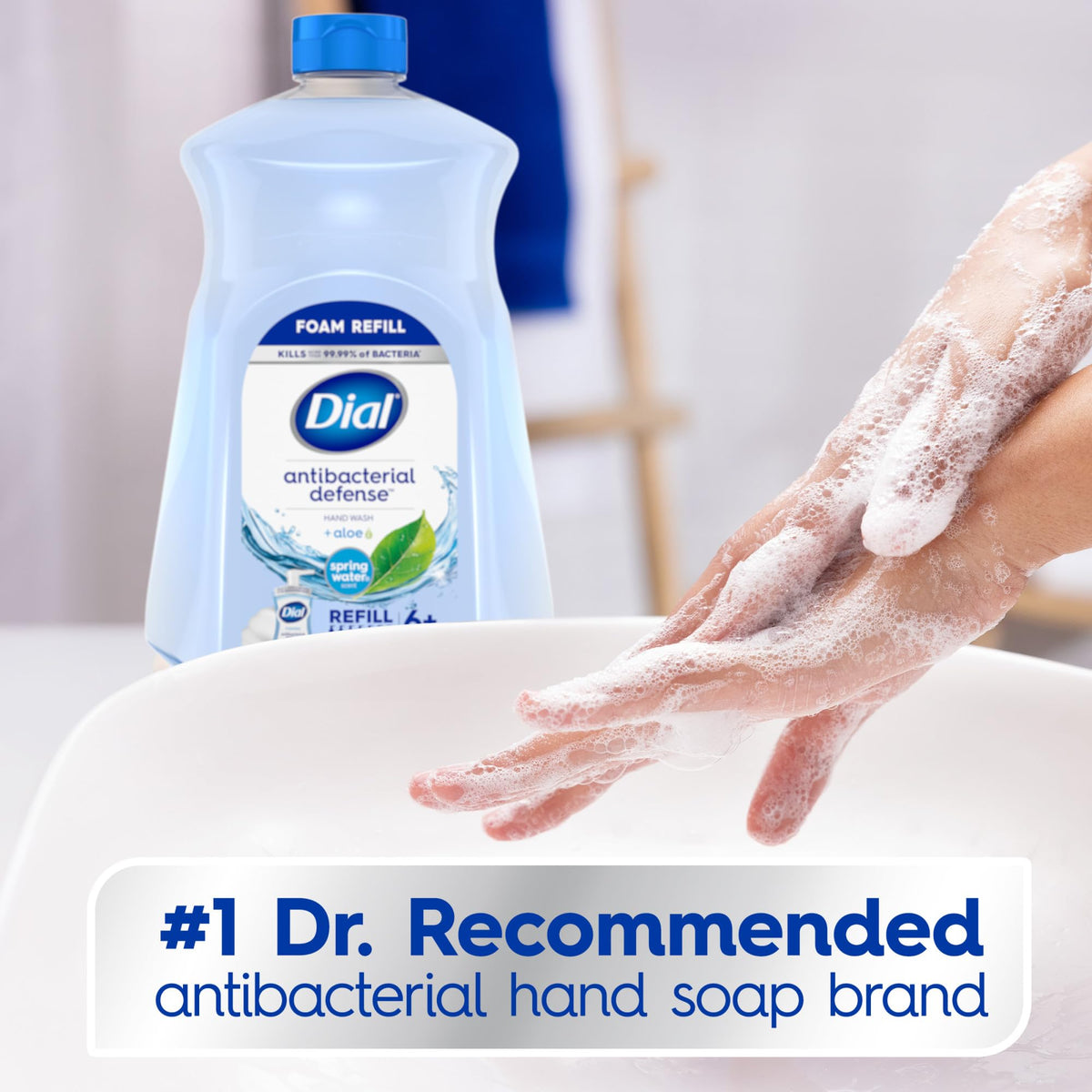 Dial foam pump in use at kitchen sink for quick, gentle cleansing