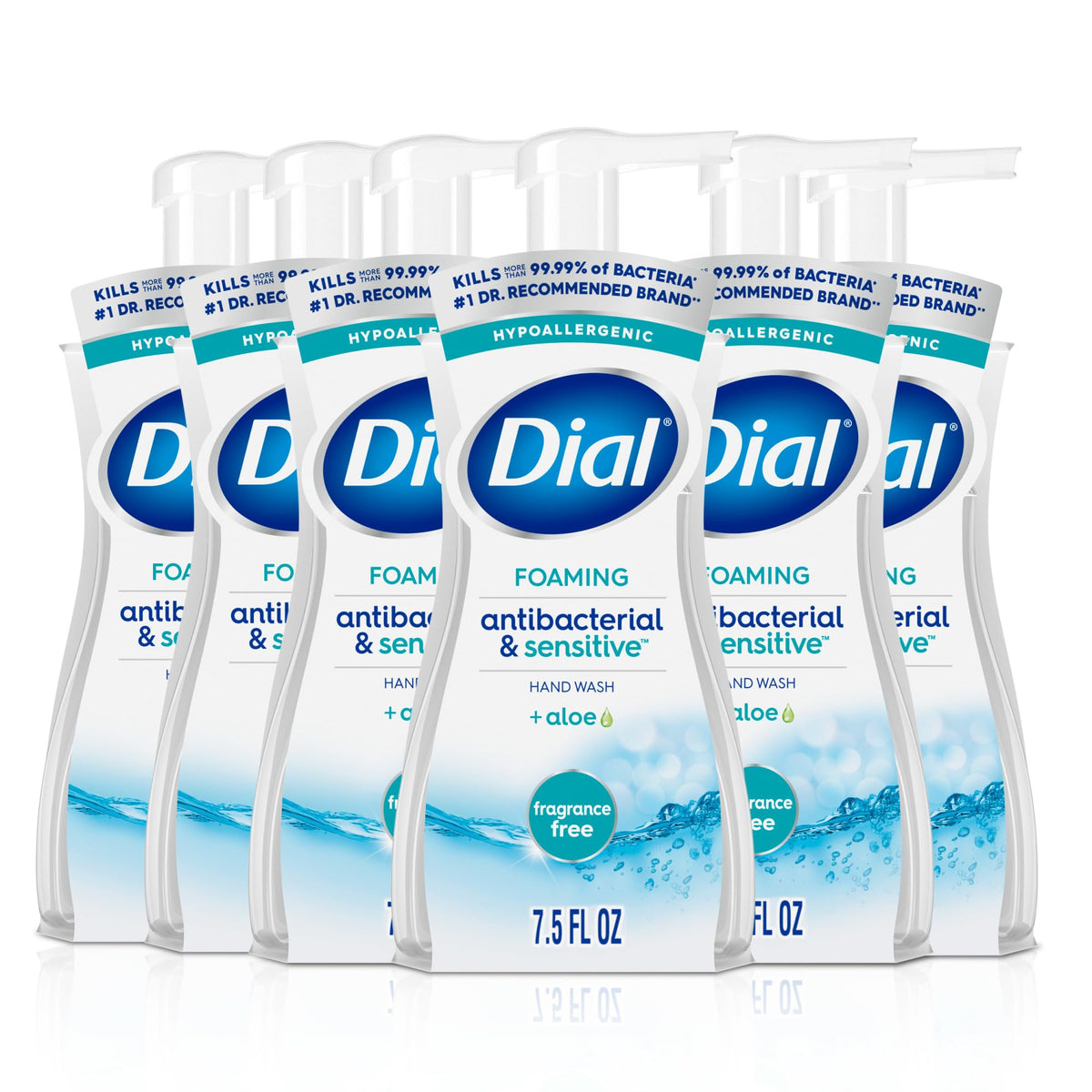 Dial front packaging showing six fragrance-free soap bottles and clear labeling benefit