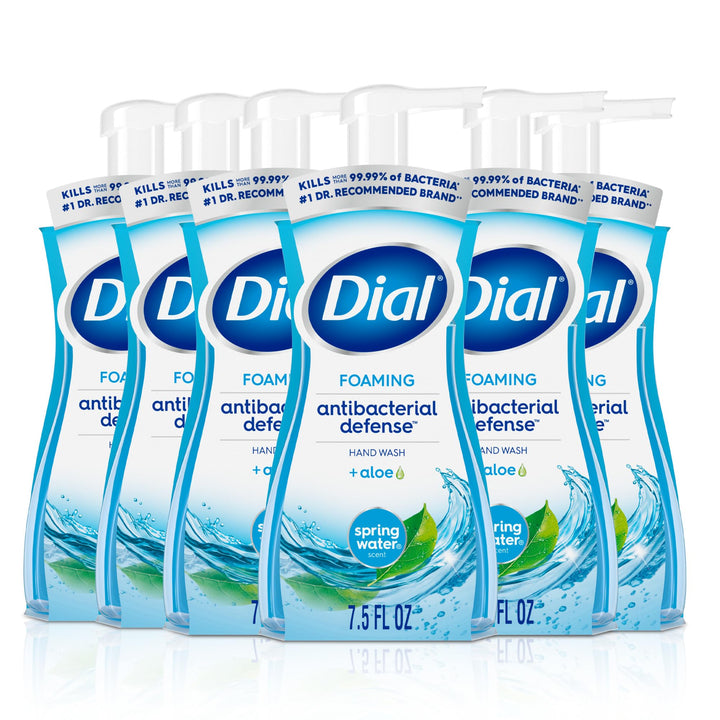 Dial foaming hand soap front packaging shows bottle and scent benefits