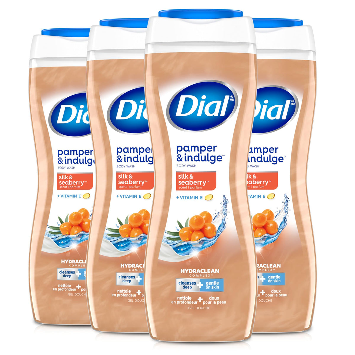 Dial bottle front label showing silk and seaberry scent and benefits
