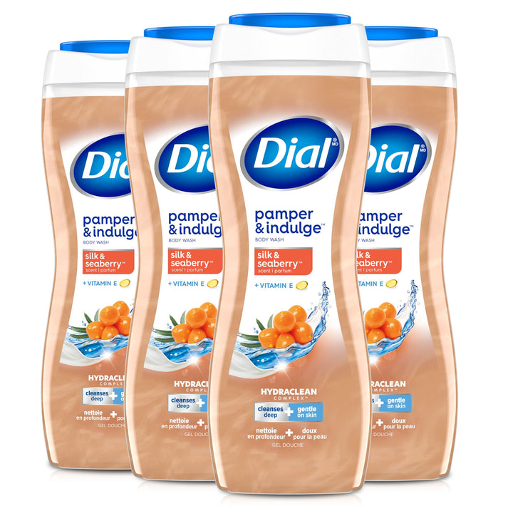 Dial bottle front label showing silk and seaberry scent and benefits